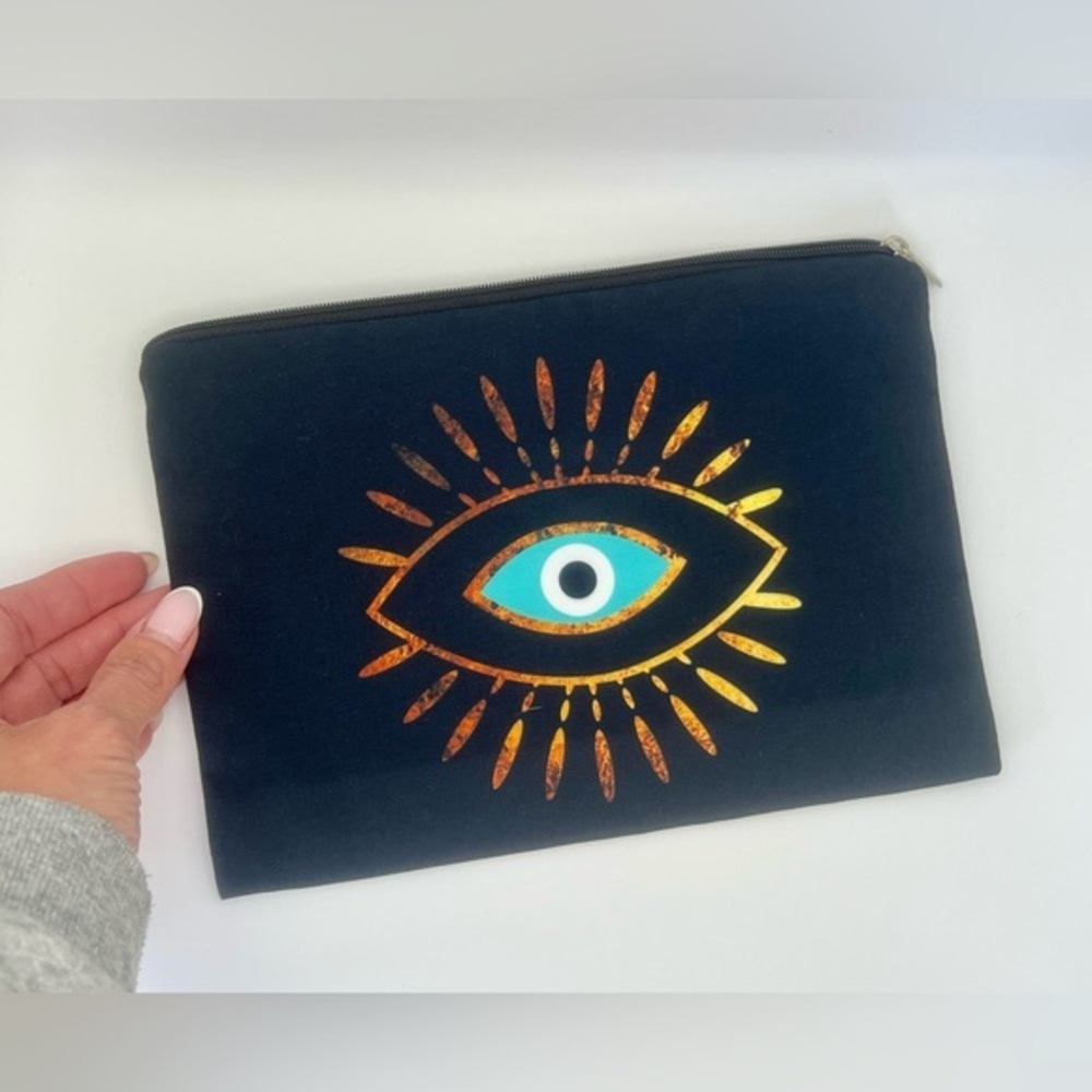 4/$20 🦋 Black Lightweight Canvas Zipper Pouch with Evil Eye Design Cosmetic Bag